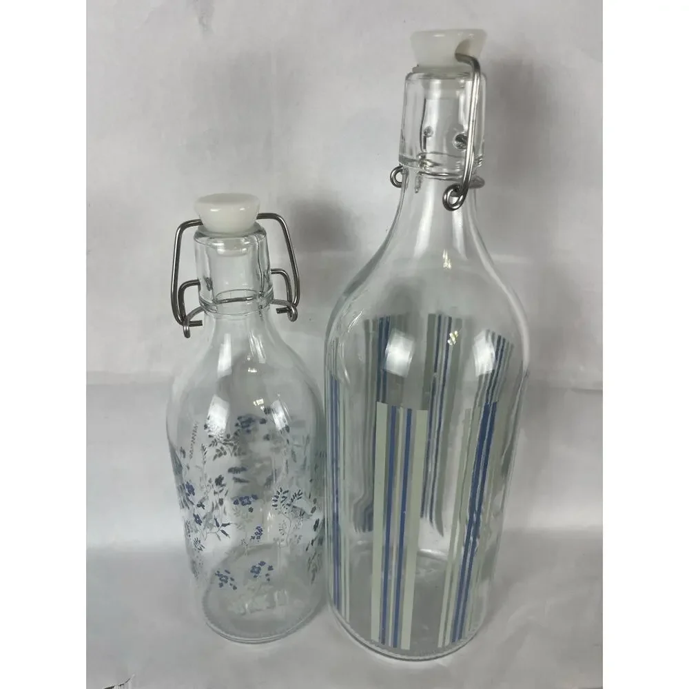 Set Of 2 Retired IKEA KORKEN Glass Bottles w/ Stopper Blue Green Floral Stripes